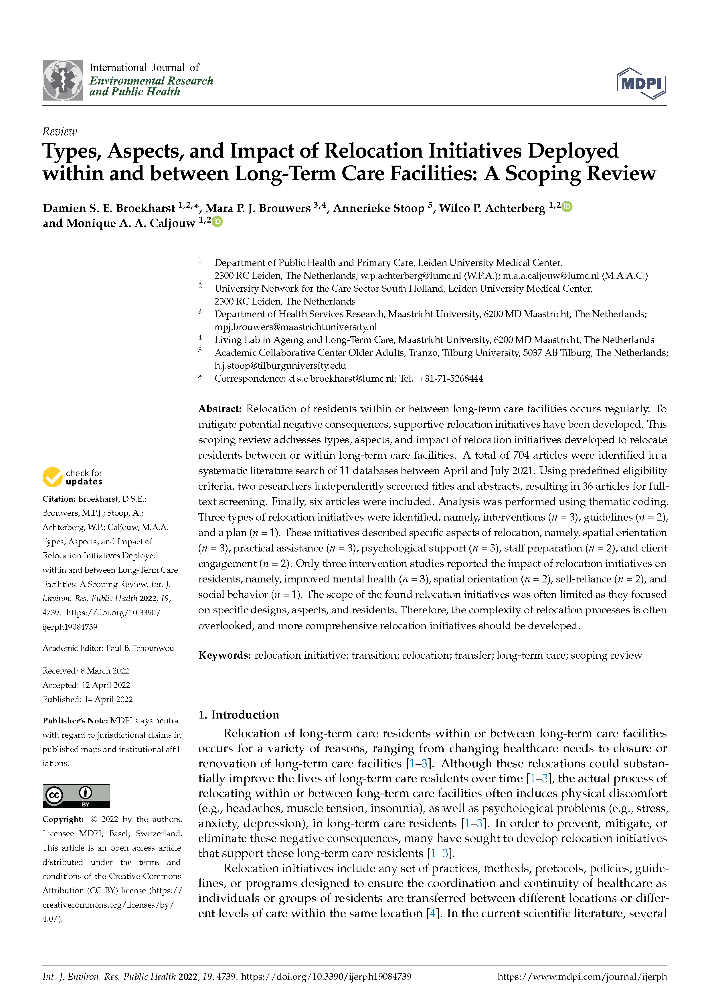 Artikel Broekharst (2022) - Types, Aspects, and Impact of Relocation Initiatives Deployed within and between Long-Term Care Facilities: A Scoping Review