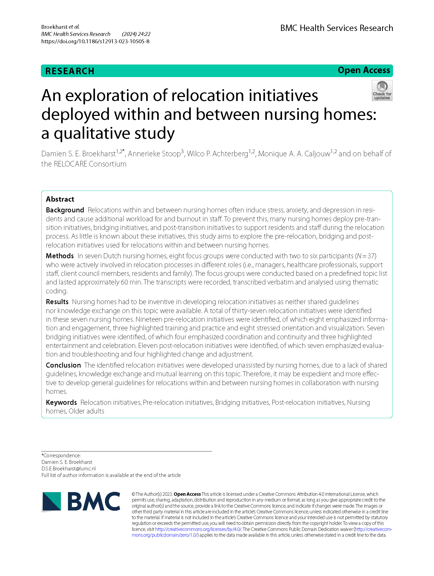 Artikel Broekharst (2024) - An exploration of relocation initiatives deployed within and between nursing homes: a qualitative study