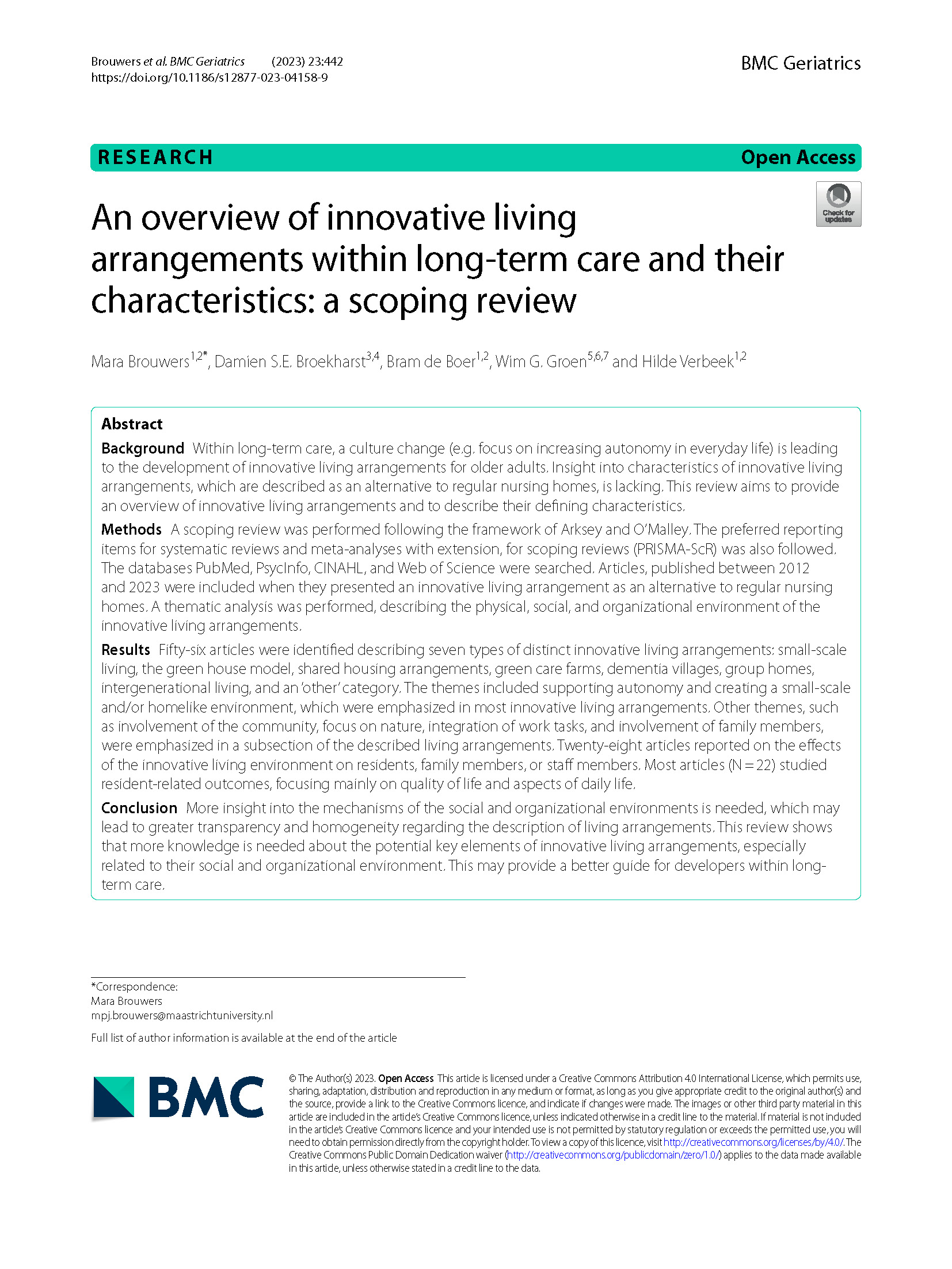 Artikel Brouwers (2023) - An overview of innovative living arrangements within long-term care and their characteristics: a scoping review