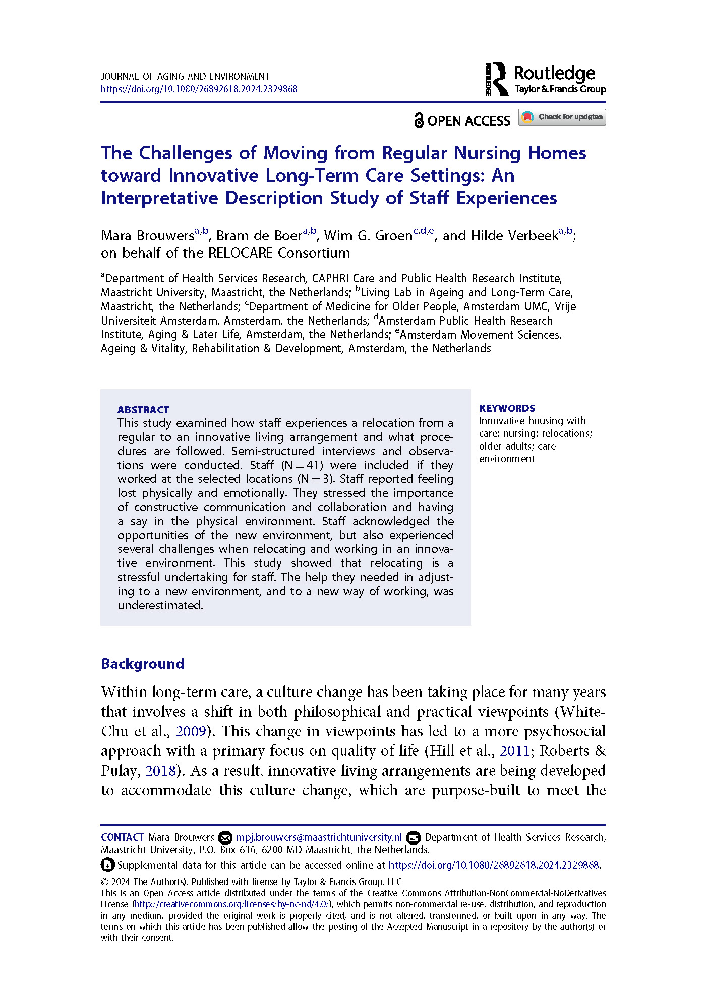 Artikel Brouwers (2024) - The Challenges of Moving from Regular Nursing Homes toward Innovative Long-Term Care Settings: An Interpretative Description Study of Staff Experiences